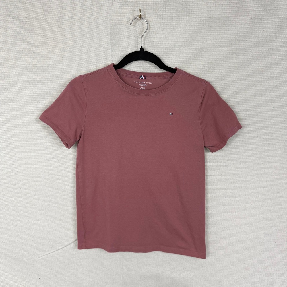Tommy Hilfiger Girls‎ Kids Pink Short Sleeve Flag Logo T-Shirt Size L 12-14